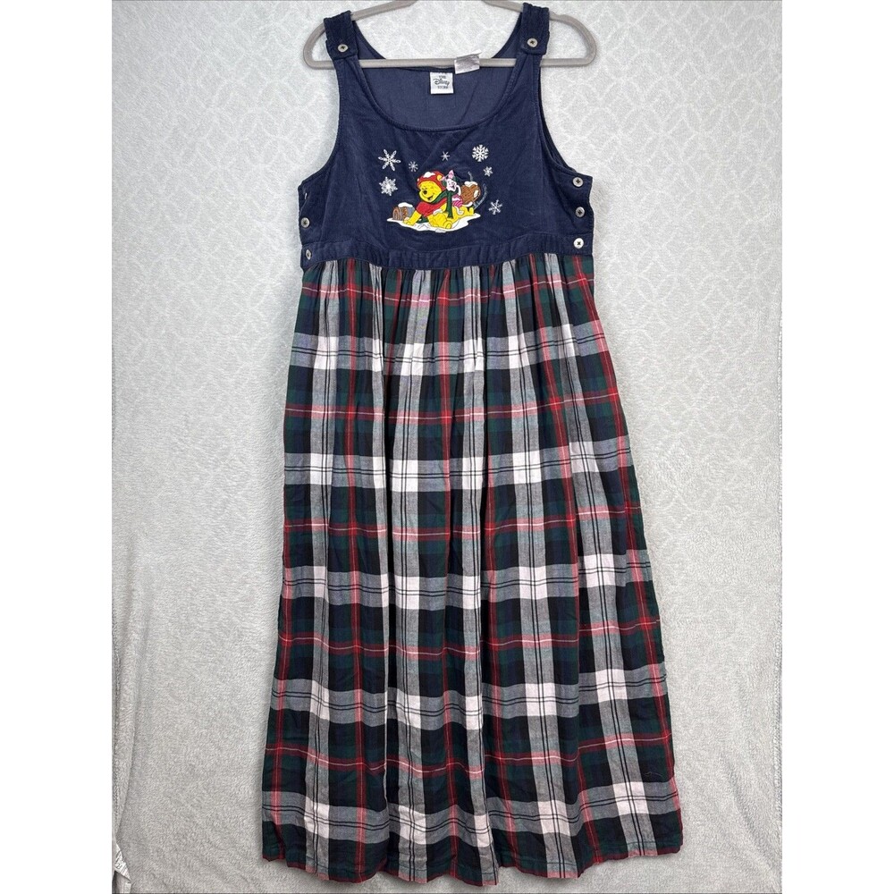 Vtg Disney Store Winnie the Pooh Jumper Dress XL Corduroy Plaid Nordic 90s Retro